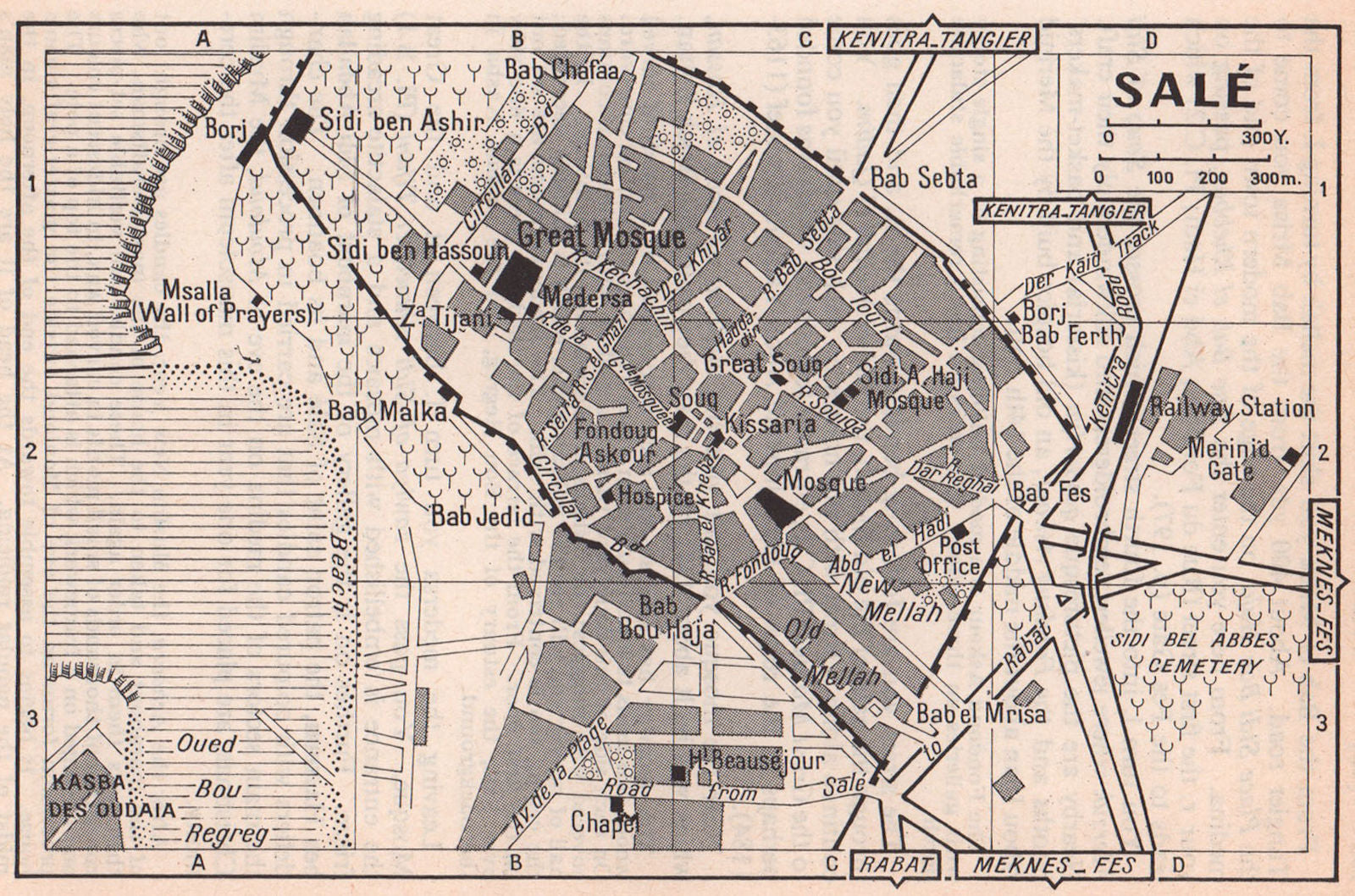 Salé vintage town city tourist plan. Morocco 1966 old vintage map chart